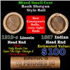 Image 1 : Mixed small cents 1c orig shotgun roll, 1919-S Wheat Cent, 1887 Indian Cent other end, Brinks Wrappe