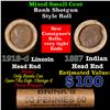 Image 1 : Mixed small cents 1c orig shotgun roll, 1918-D Wheat Cent, 1887 Indian Cent other end, Brinks Wrappe