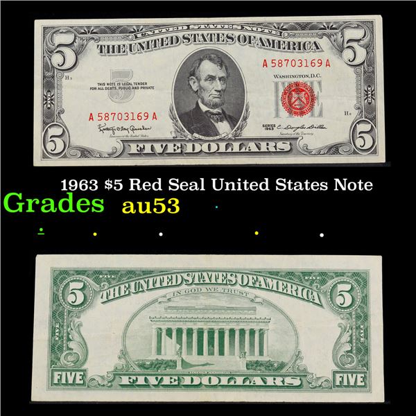 1963 $5 Red Seal United States Note Grades Select AU