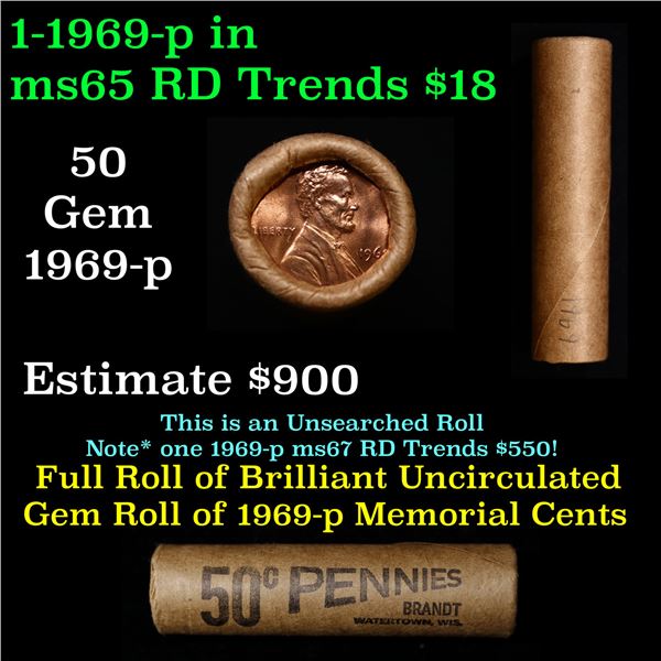 Shotgun Lincoln 1c roll, 1969-p 50 pcs Brandt Wrapper.