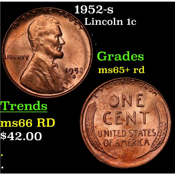 1952-s Lincoln Cent 1c Grades Gem+ Unc RD