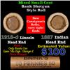 Image 1 : Mixed small cents 1c orig shotgun roll, 1918-D Wheat Cent, 1887 Indian Cent other end, Brinks Wrappe