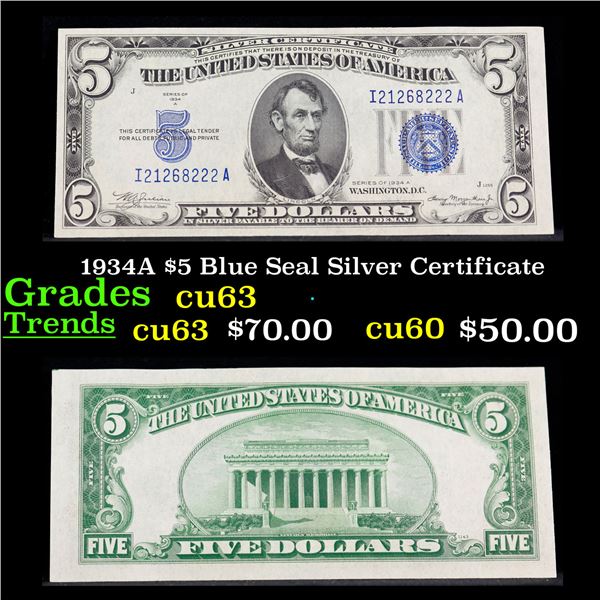 1934A $5 Blue Seal Silver Certificate Grades Select CU