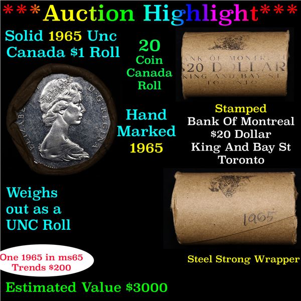 ***Auction Highlight*** Full Roll of Silver 1965 Canadian Dollar with Queen Elizabeth II, 20 Coins i
