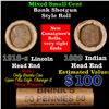 Mixed small cents 1c orig shotgun roll, 1918-S Wheat Cent, 1889 Indian Cent other end, Brinks Wrappe