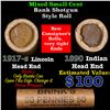 Mixed small cents 1c orig shotgun roll, 1917-S Wheat Cent, 1890 Indian Cent other end, Brinks Wrappe