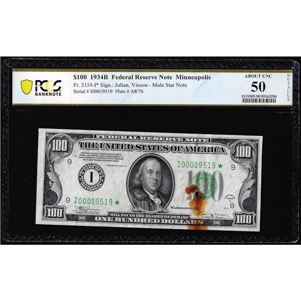 1934B $100 Federal Reserve Star Note Fr.2154-I* Minneapolis PCGS About Unc. 50 Details