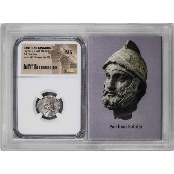 Parthian Kingdom Pacorus c.AD 78-120 AR Drachm Ancient Coin NGC MS Story Box