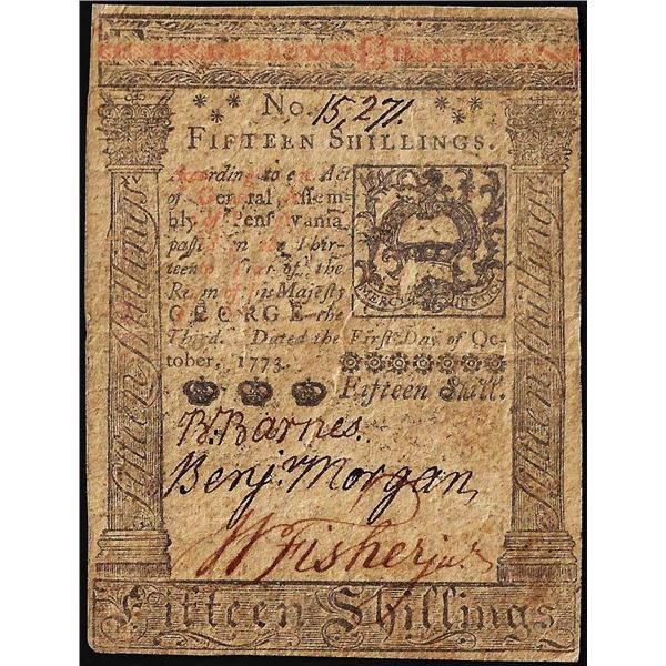 October 1, 1773 Pennsylvania 15 Shillings Colonial Currency Note