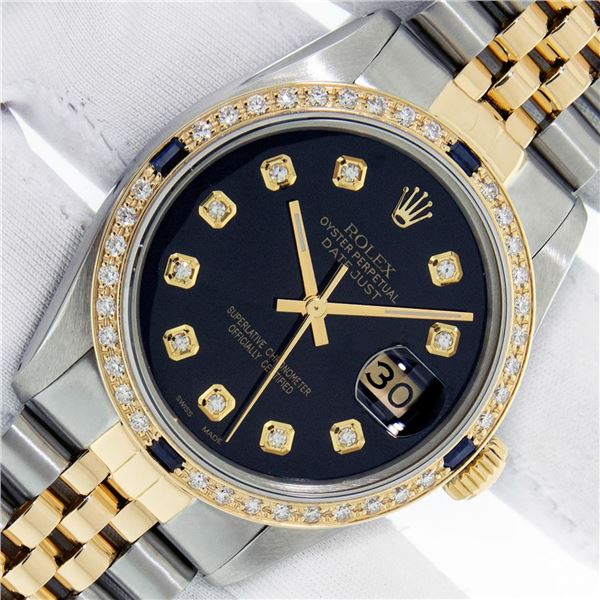 Rolex Men's Two Tone Black Diamond & Sapphire Datejust Wristwatch