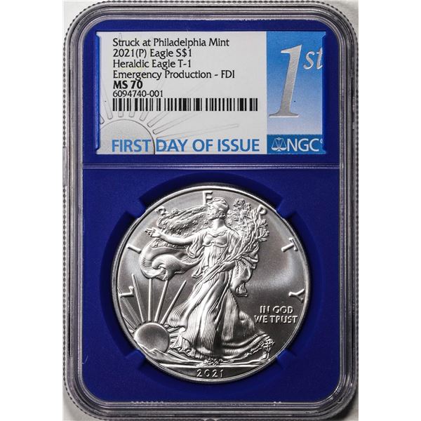 2021(P) Type 1 $1 American Silver Eagle Coin NGC MS70 First Day Issue Philadelphia