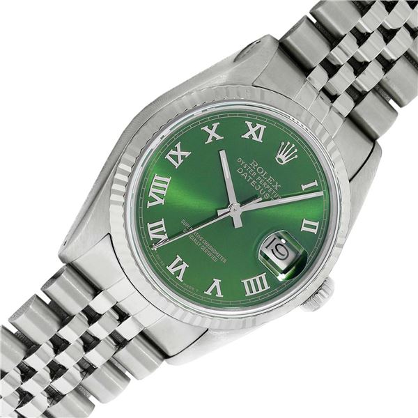 Rolex Men's Stainless Steel Green Roman Datejust Wristwatch