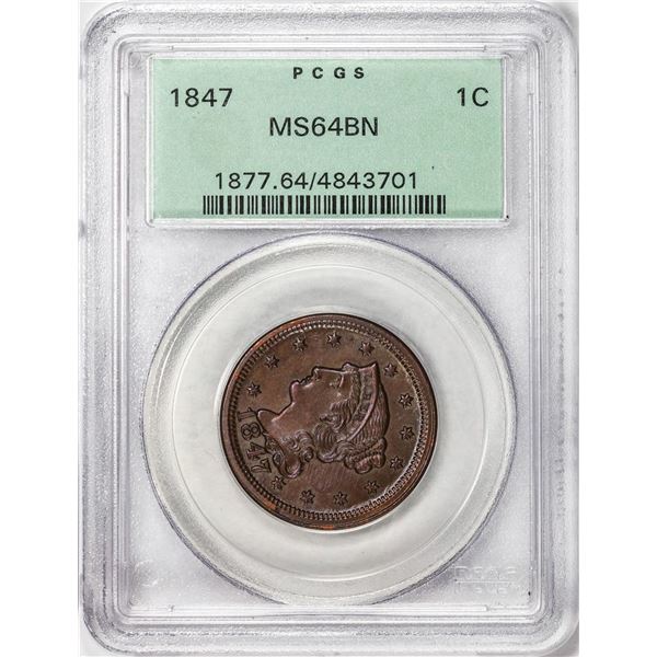 1847 Coronet Head Large Cent Coin PCGS MS64BN Old Green Holder