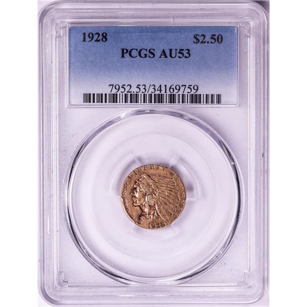 1928 $2 1/2 Indian Head Quarter Eagle Gold Coin PCGS AU53