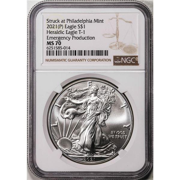 2021(P) Type 1 $1 American Silver Eagle Coin NGC MS70 Struck at Philadelphia