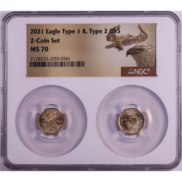 Set of 2021 Type 1 & Type 2 $5 American Gold Eagle Coins NGC MS70