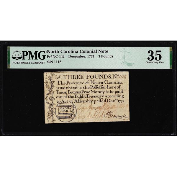 1771 North Carolina 3 Pounds Colonial Note NC-142 PMG Choice Very Fine 35 Magna Charta