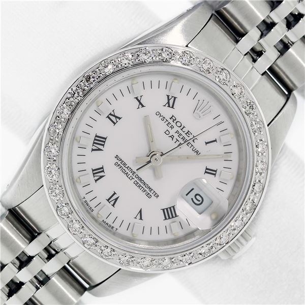 Rolex Stainless Steel White Roman Diamond Oyster Perpetual Datejust Wristwatch