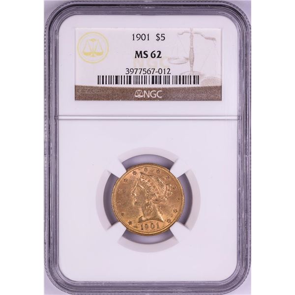 1901 $5 Liberty Head Half Eagle Gold Coin NGC MS62