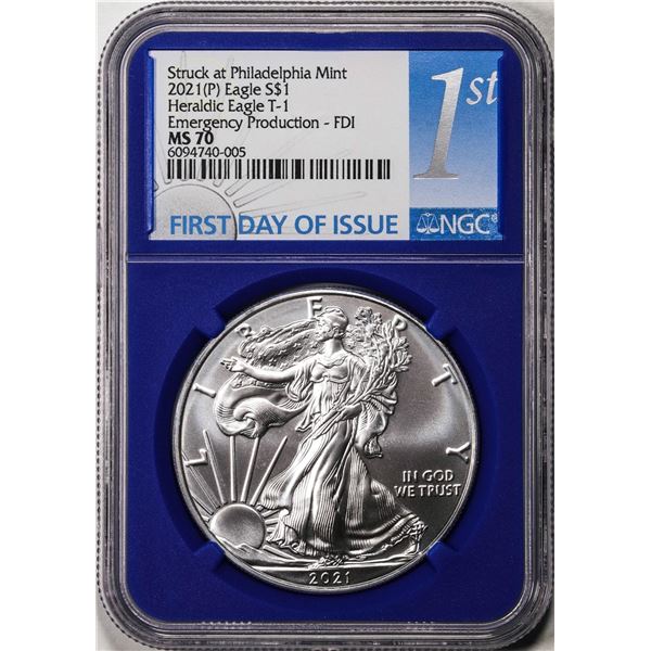 2021(P) Type 1 $1 American Silver Eagle Coin NGC MS70 First Day Issue Philadelphia