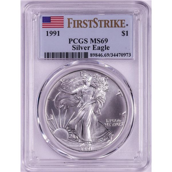 1991 $1 American Silver Eagle Coin PCGS MS69 First Strike