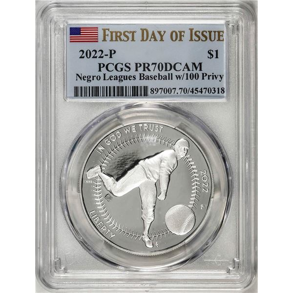 2022-P $1 Proof Negro Leagues Baseball Silver Dollar Coin PCGS PR70DCAM FDOI
