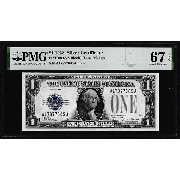 1928 $1 Funnyback Silver Certificate Note Fr.1600 PMG Superb Gem Uncirculated 67EPQ