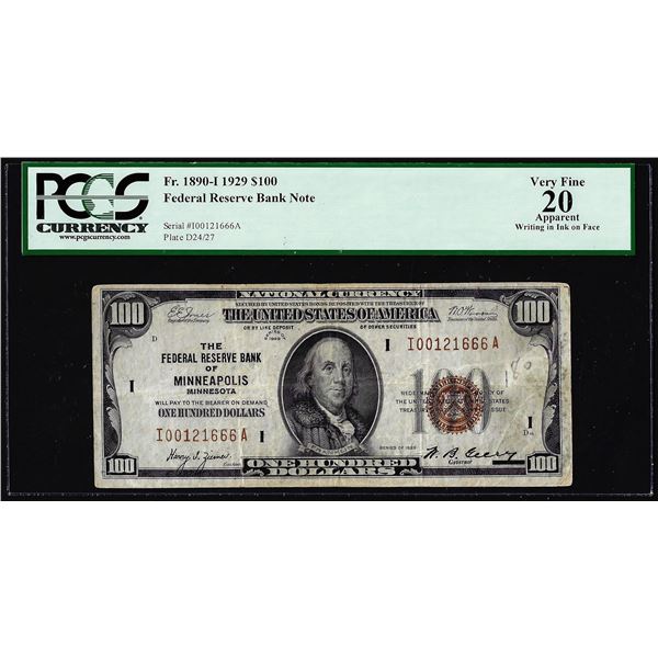 1929 $100 Federal Reserve Note Minneapolis Fr.1890-I PCGS Very Fine 20