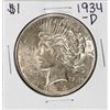 Image 1 : 1934-D $1 Peace Silver Dollar Coin