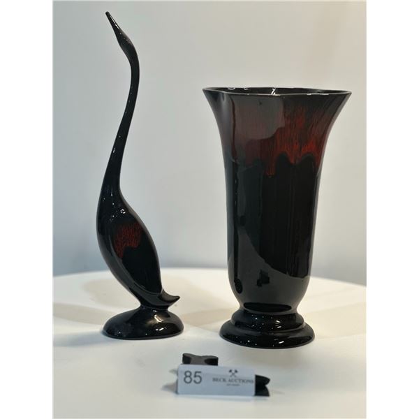 Red and Black Vase with Matching Swan Decor