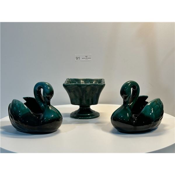 Three Black and Green/Blue Pottery Pieces: Two Swans, and one Decorative Dish