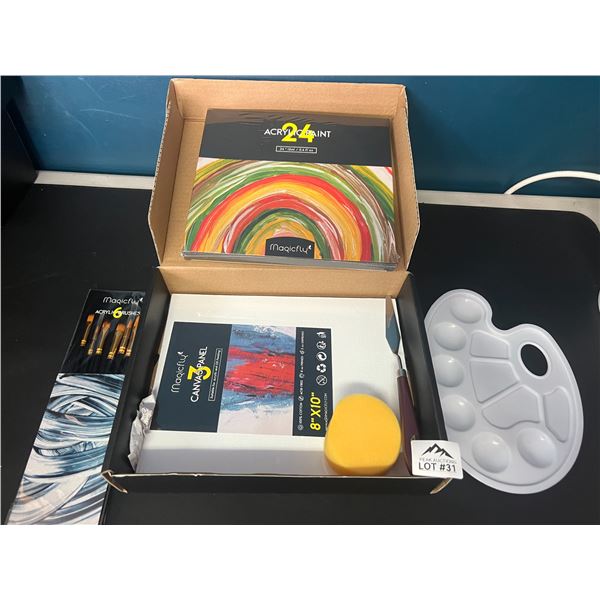 Lot of 1 Magicfly 36PC Acrylic Paint Set w/ 24 Colours, 6 Brushes, 3 Canvases, 1 Palette, & More