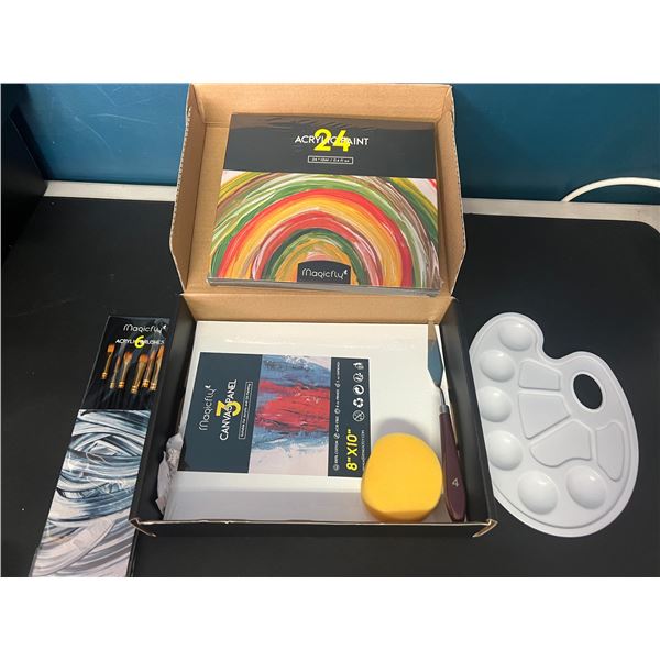 Lot of 1 Magicfly 36PC Acrylic Paint Set w/ 24 Colours, 6 Brushes, 3 Canvases, 1 Palette, & More