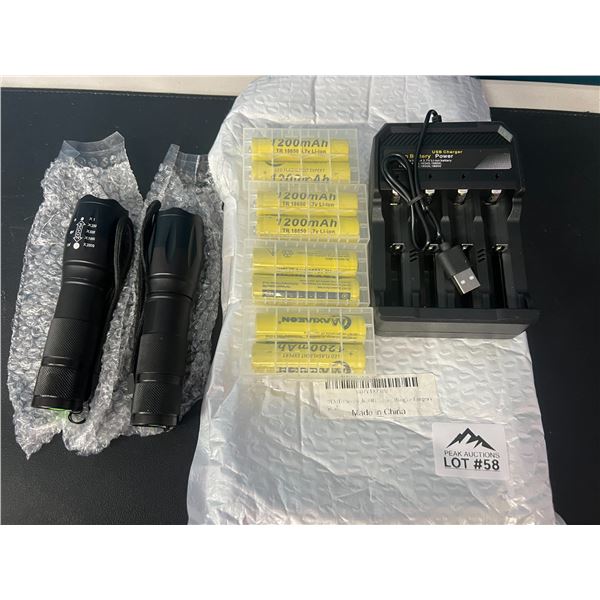 Lot of 2 LED Tactical Flashlights w/ Rechargeable Batteries & Charger