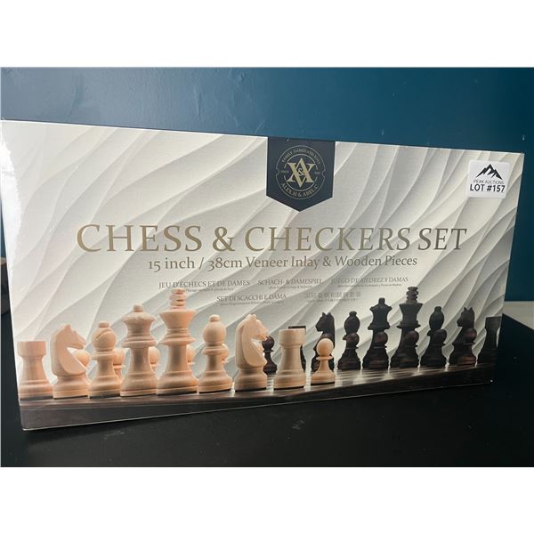 Lot of 1 Chess & Checkers Set - 15inch w/ Veneer Inlay & Wooden Pieces