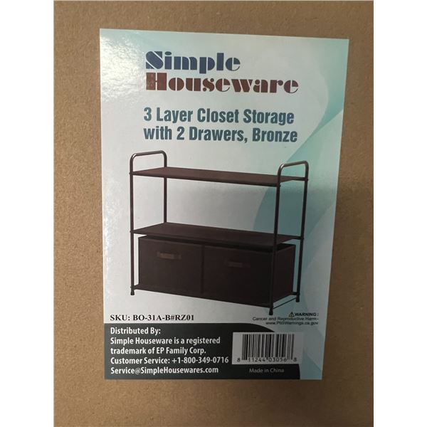 Lot of 1 Simple Houseware 3-Layer Closet Storage Organizer w/ 2 Drawers - Bronze