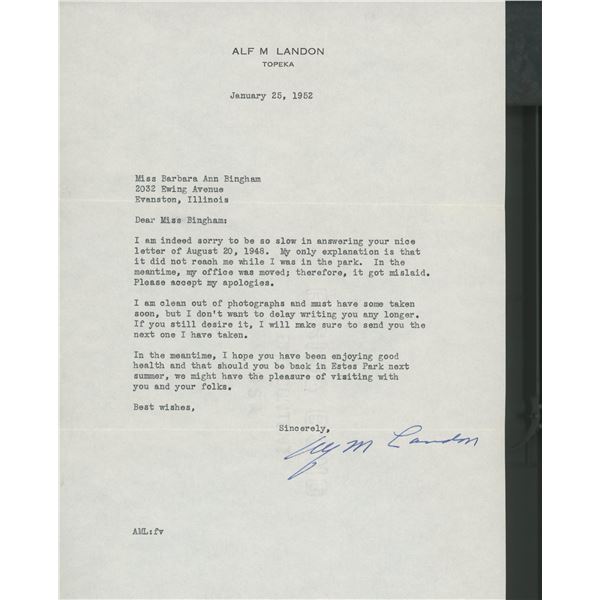 Gov of Kansas Alf Landon signed letter