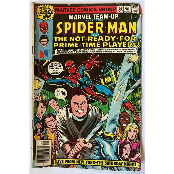 MARVEL COMICS #74 MARVEL TEAM UP FEATURING THE AMAZING SPIDERMAN, DAN AYKROYD,JOHN BELUSHI,STAN LEE