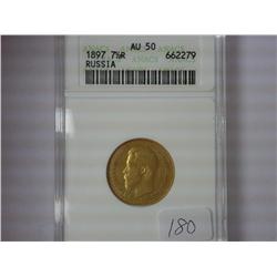 1897 Russia 7 1/2 Roubles Gold Coin ANACS AU50