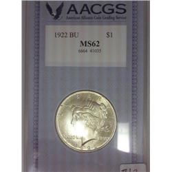 1922 Peace Silver Dollar AACGS MS62