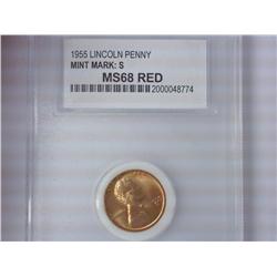 1955-S Lincoln Cent PCC MS68 RED