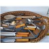 Image 4 : Lot of Kitchen Utensils, woven tray, & Antique Wooden Spoon.
