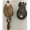 Image 1 : 2 Antique Pulleys - wooden housing & metal wheel pully + Metal housing & wheel pully