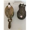 Image 2 : 2 Antique Pulleys - wooden housing & metal wheel pully + Metal housing & wheel pully