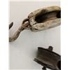 Image 5 : 2 Antique Pulleys - wooden housing & metal wheel pully + Metal housing & wheel pully