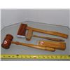 Image 1 : 2 Antique Gavels, 1 door stop, & one toy axe (all wooden items)