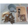 Image 2 : Lot of assorted antique/vintage wood & leather carving tools, leather strips, Dosco nail box, etc.