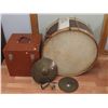 Image 1 : Large 26.5" Diameter Drum with cymbals, drum sticks, & drum box with kit pieces