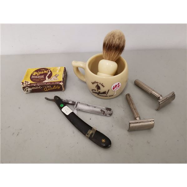 Vintage Cup, razors, brush, and straight razor, Razor blade sharpener ...