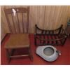 Image 1 : Antique children's chair, Enamel bed pan, & doll crib